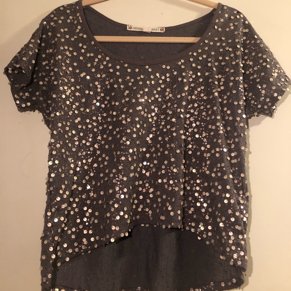 Gray and gold sequin top